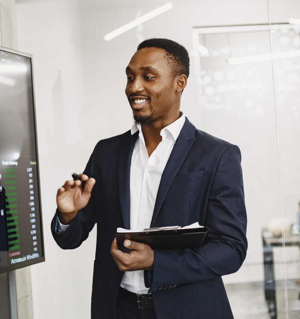 Business owner reviewing financial data with confidence